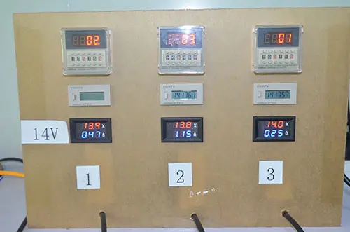 Bedienfeld mit digitalen Spannungsmessern, beschriftet mit 12 V und 14 V, für Lebensdauertests mit Überspannung